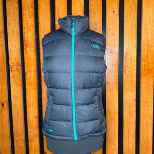 The North Face Charcoal Puffer Vest with Aqua Details